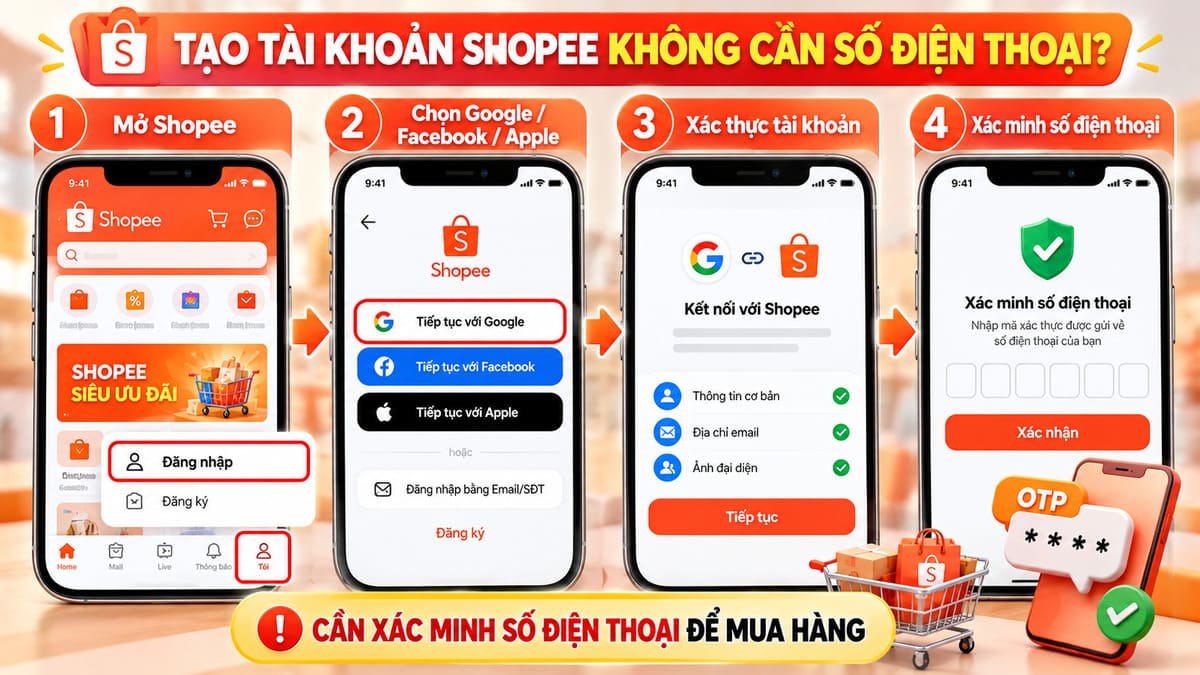 Cách tạo tài khoản Shopee không cần số điện thoại