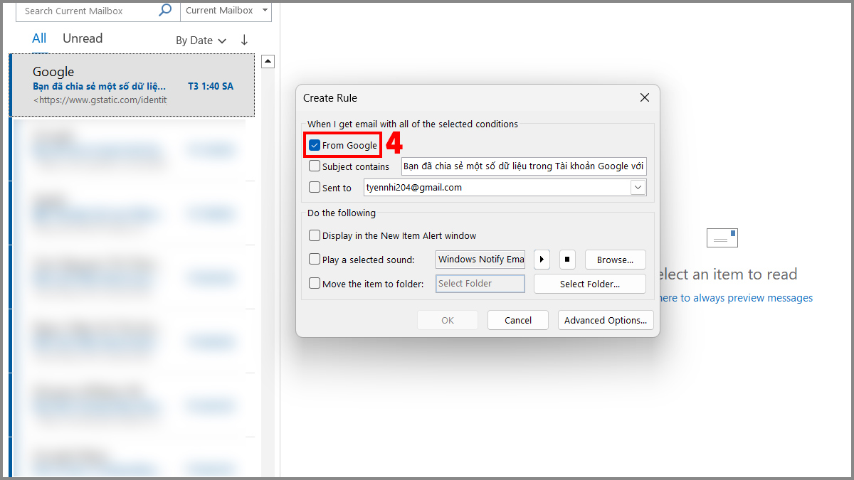 Cách tạo rule tự động chuyển email vào thư mục trong Outlook trên phần mềm - bước 2