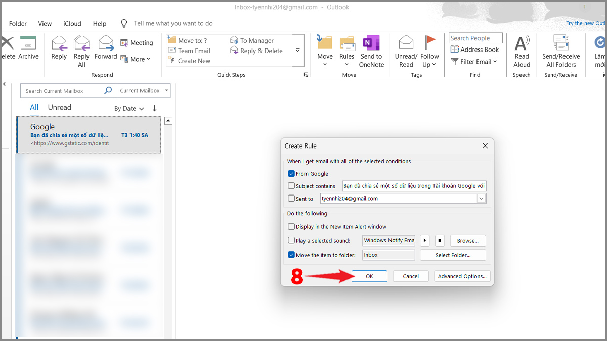 Cách tạo rule tự động chuyển email vào thư mục trong Outlook trên phần mềm - bước 3.1
