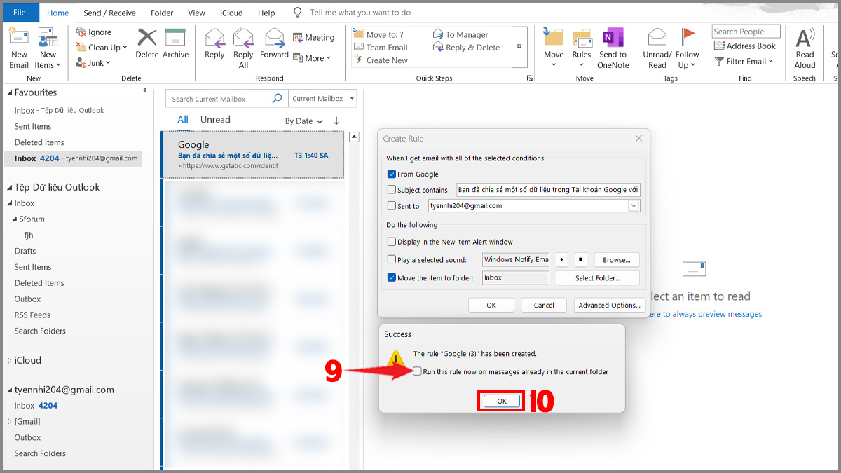 Cách tạo rule tự động chuyển email vào thư mục trong Outlook trên phần mềm - bước 3.2