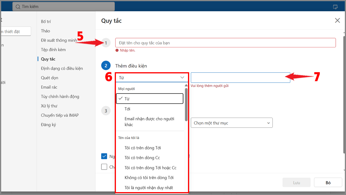 Cách tạo rule tự động chuyển email vào thư mục trong Outlook trên trình duyệt website - bước 2