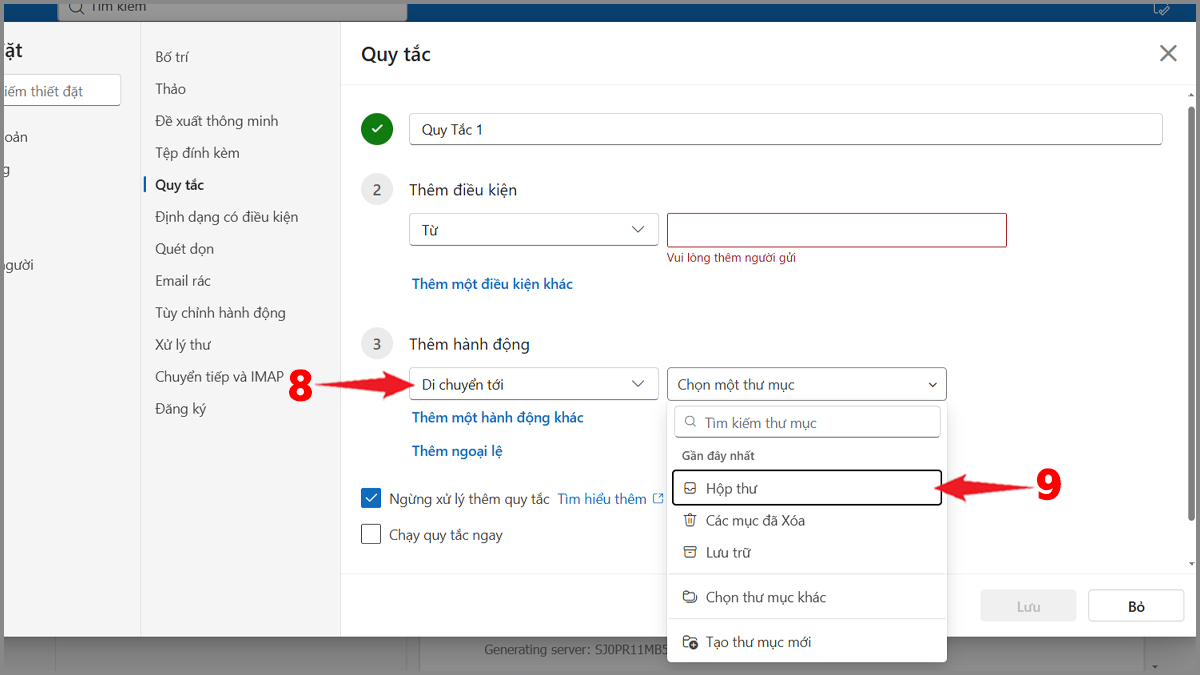 Cách tạo rule tự động chuyển email vào thư mục trong Outlook trên trình duyệt website - bước 2.1