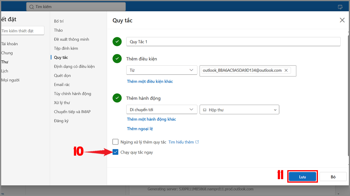 Cách tạo rule tự động chuyển email vào thư mục trong Outlook trên trình duyệt website - bước 3