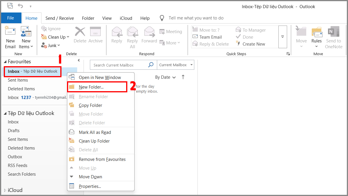 Cách tạo thư mục (folder) trong Outlook trên app - bước 1,2