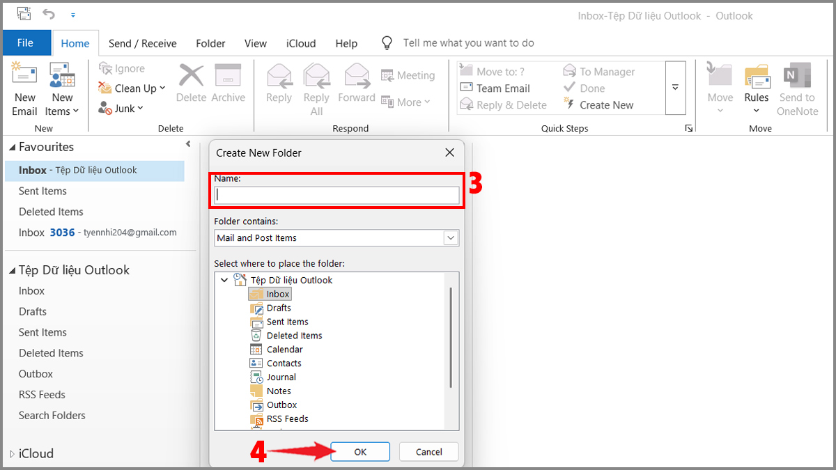 Cách tạo thư mục (folder) trong Outlook trên app - bước 3,4