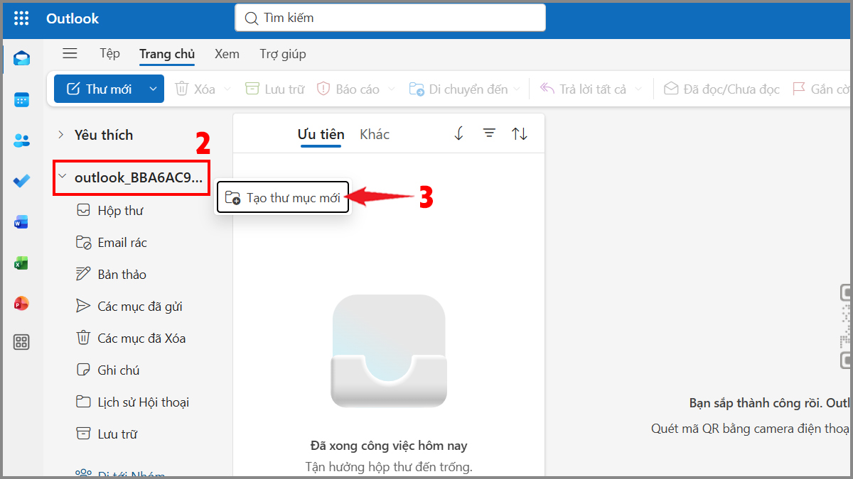 Cách tạo thư mục (folder) trong Outlook trên website - bước 2,3