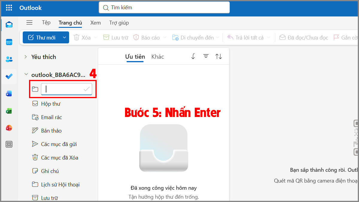 Cách tạo thư mục (folder) trong Outlook trên website - bước 4,5