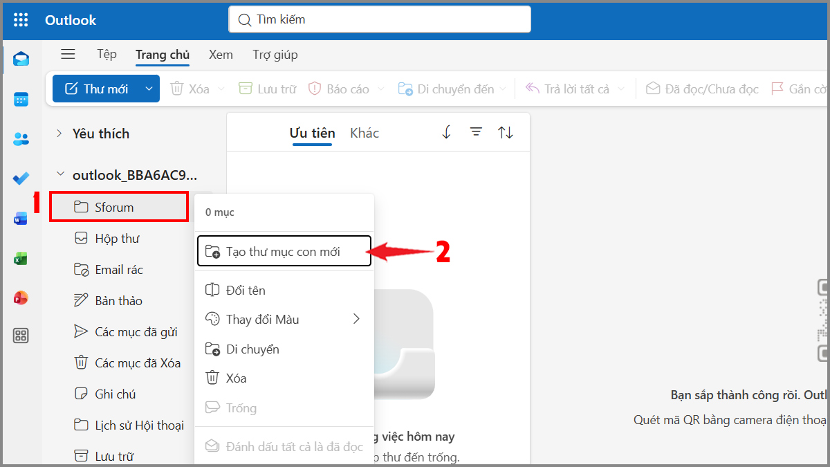Cách tạo thư mục sub-folder trong outlook - bước 1,2