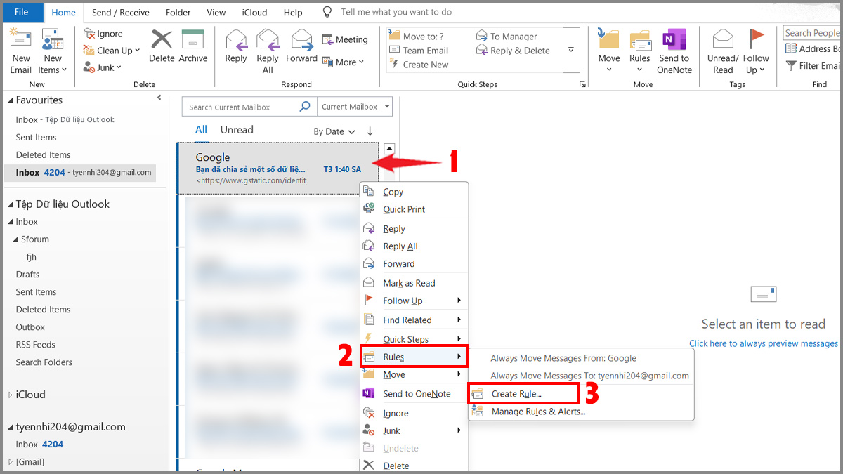 Cách tạo rule tự động chuyển email vào thư mục trong Outlook trên phần mềm - bước 1