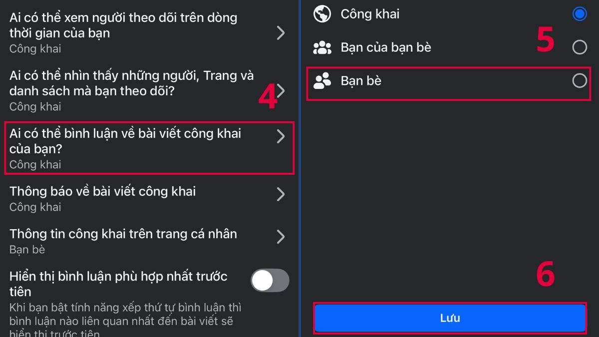 Cách tắt bình luận Facebook cá nhân trên điện thoại - bước 2,3,4
