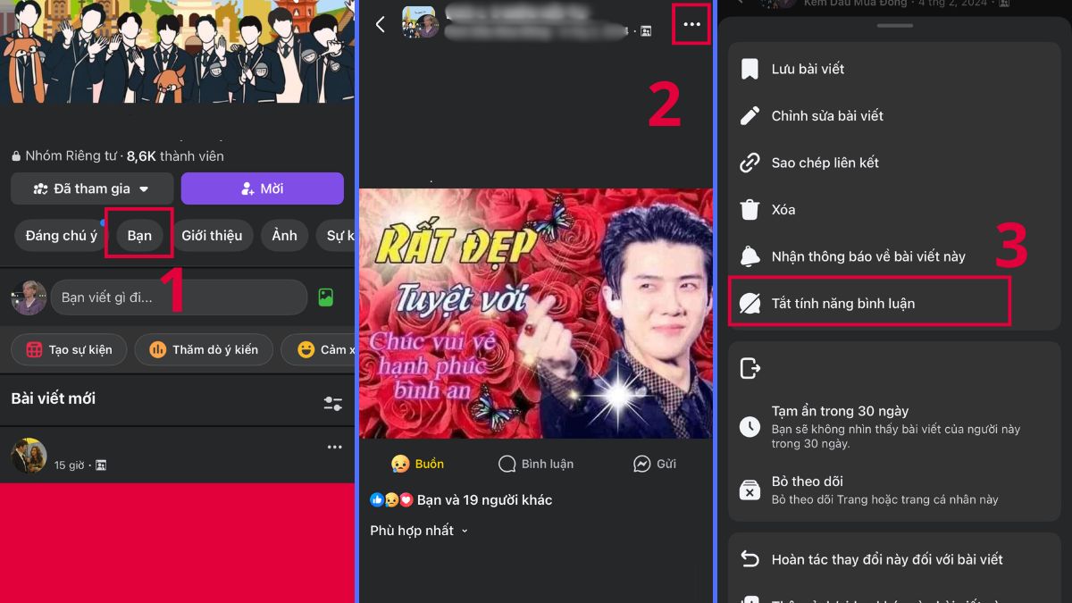 Cách tắt bình luận trên group, fanpage Facebook trên điện thoại - bước 1,2,3