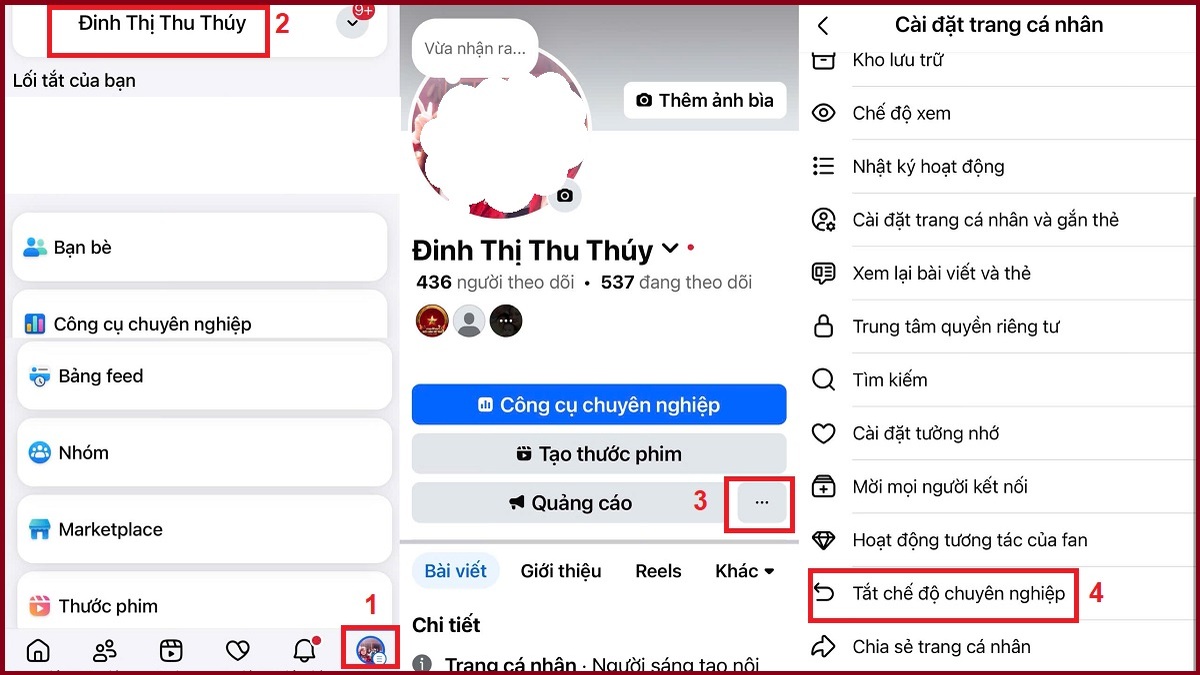 Cách tắt chế độ chuyên nghiệp trên Facebook bằng điện thoại - bước 1,2