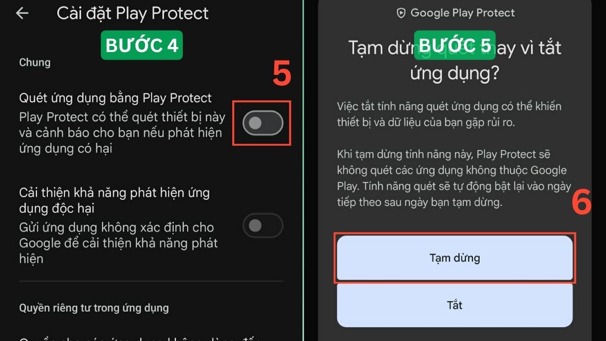 Cách tắt Google Play Protect trên Android - bước 4,5