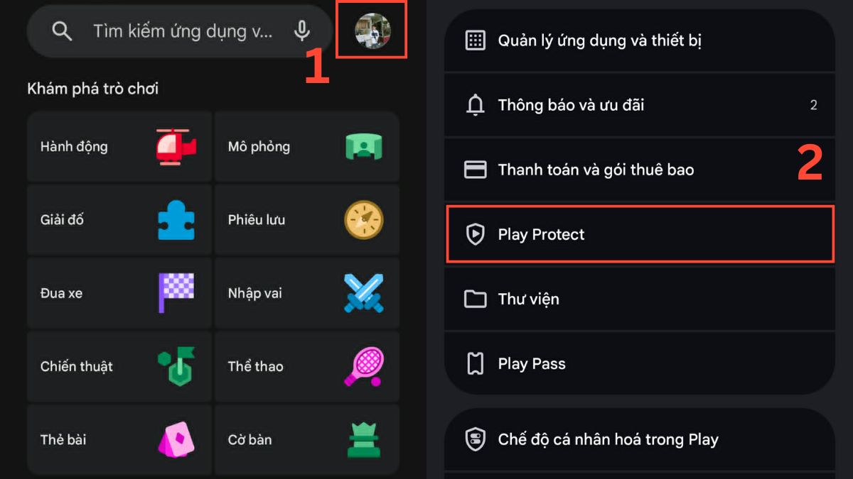 Hướng dẫn cách bật lại Google Play Protect- bước 1,2