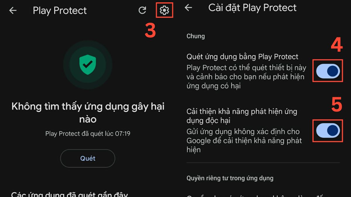 Hướng dẫn cách bật lại Google Play Protect- bước 3,4,5