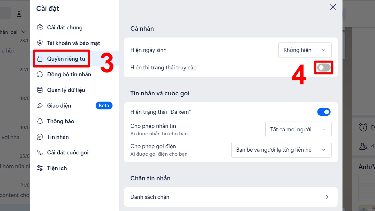 Tắt trạng thái online Zalo trên máy tính - bước 3