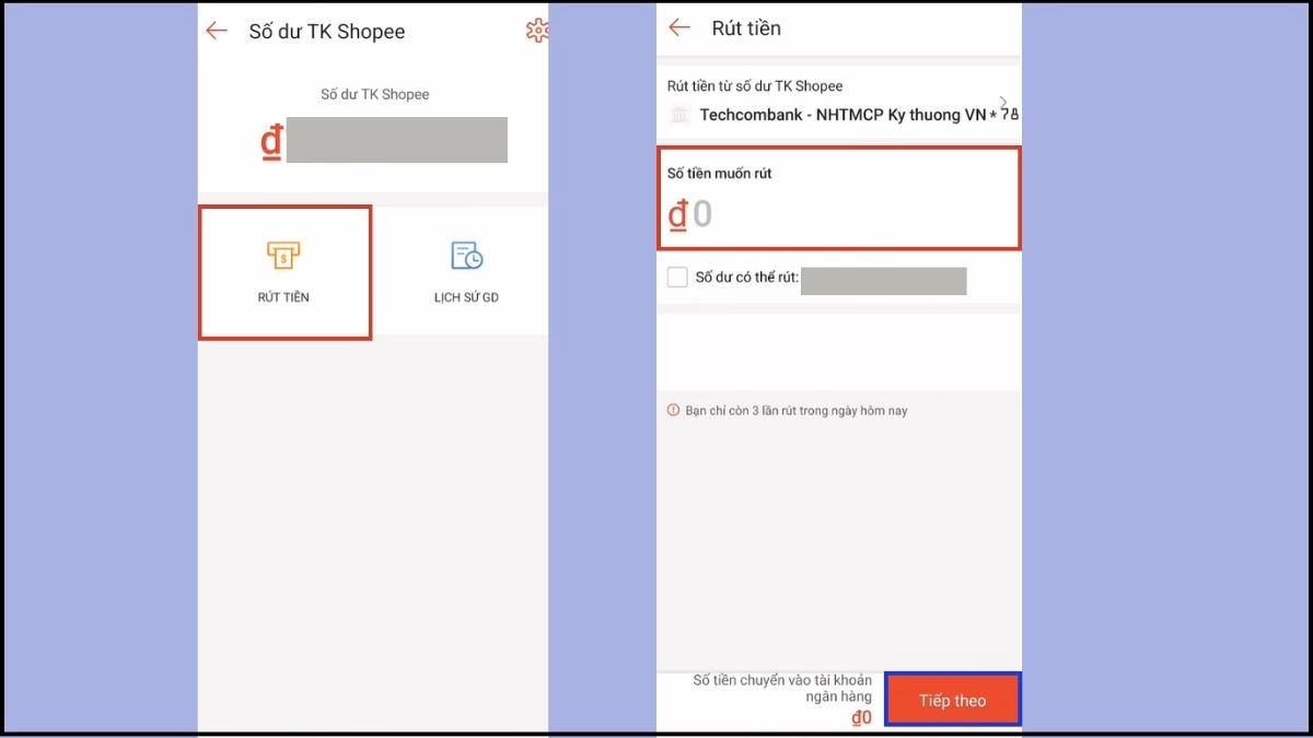 Cách rút Số dư TK Shopee về tài khoản ngân hàng để tiếp tục mua sắm - bước 2