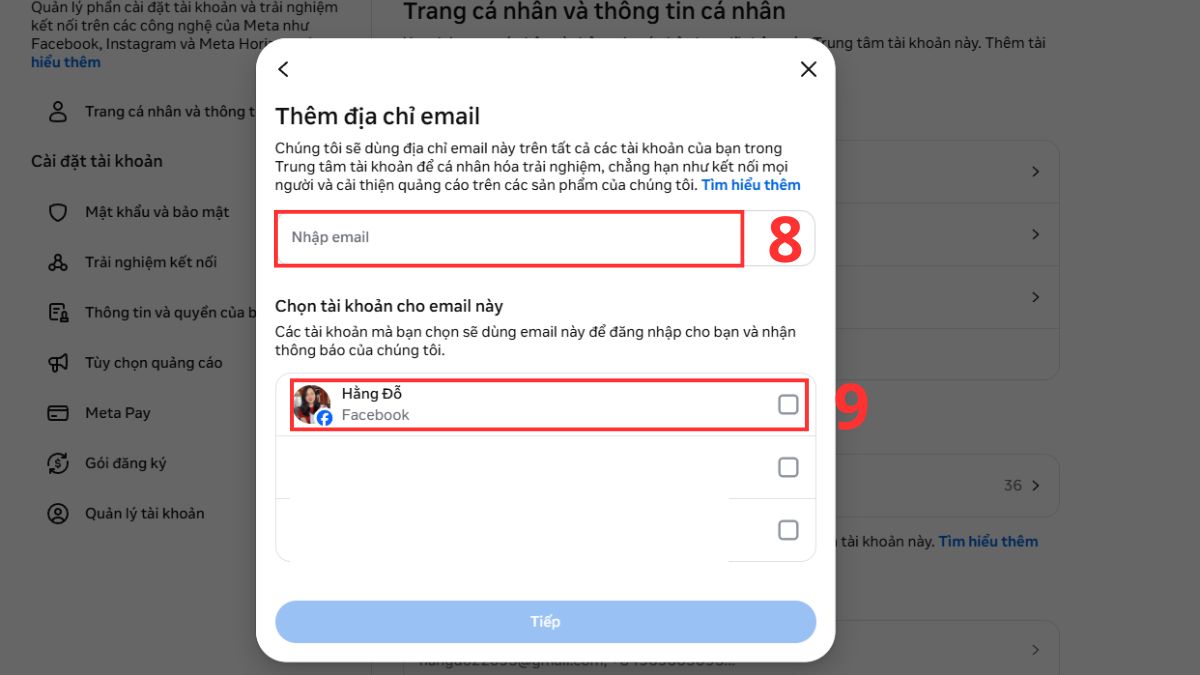Cách thêm email Facebook trên máy tính - bước 3.2