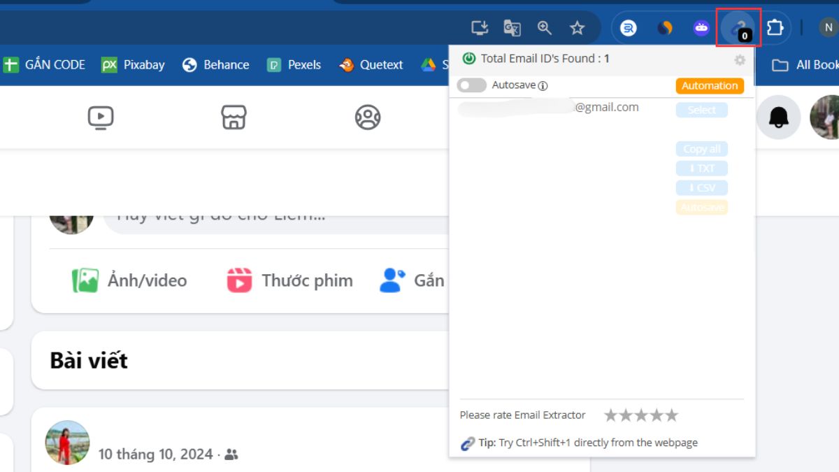 Cách xem email qua Facebook của người khác qua Email Extractor - bước 2,3