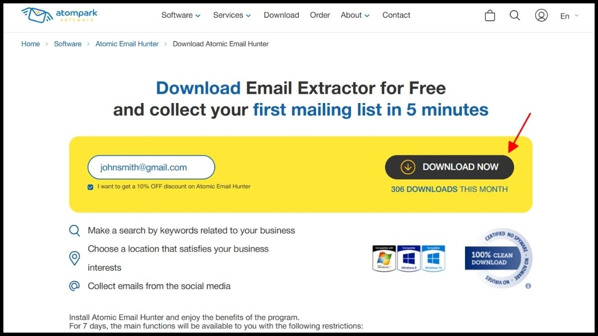Cách xem email qua Facebook của người khác qua Atomic Email Hunter - bước 1