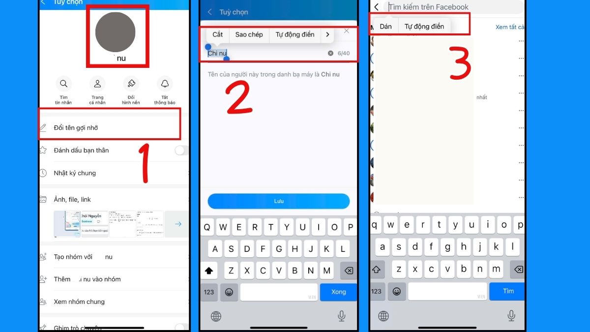 Cách tìm Facebook qua tên hiển thị trên Zalo - bước 1,2