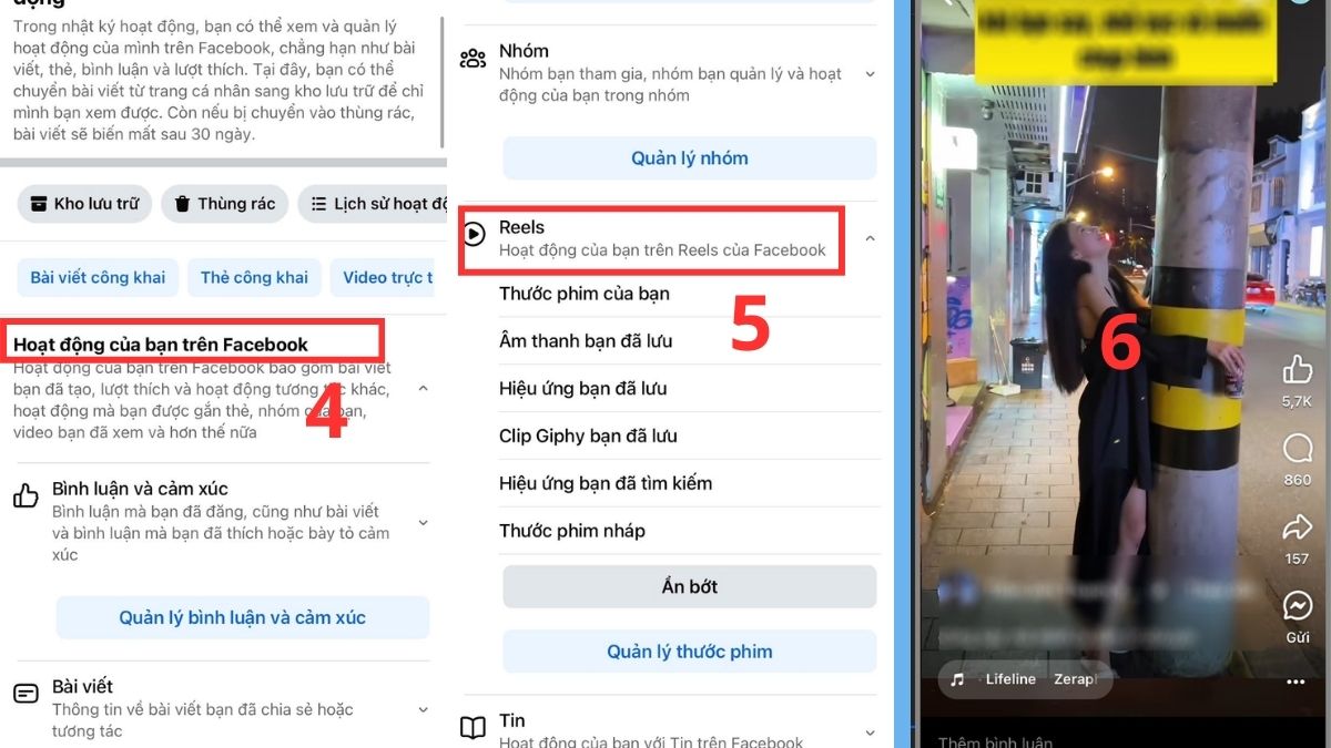 Hướng dẫn xem lại Reels đã xem trên Facebook qua nhật ký hoạt động - bước 4,5