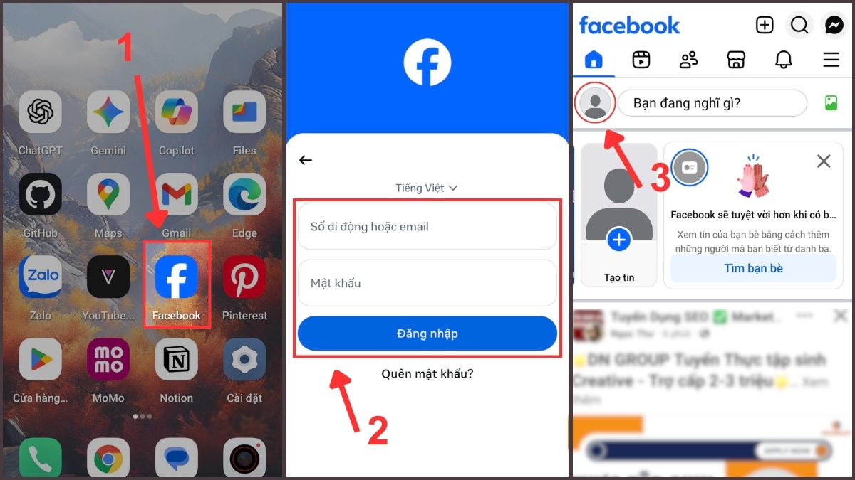 Cách xem trang cá nhân Facebook tư cách người khác trên điện thoại - bước 1,2