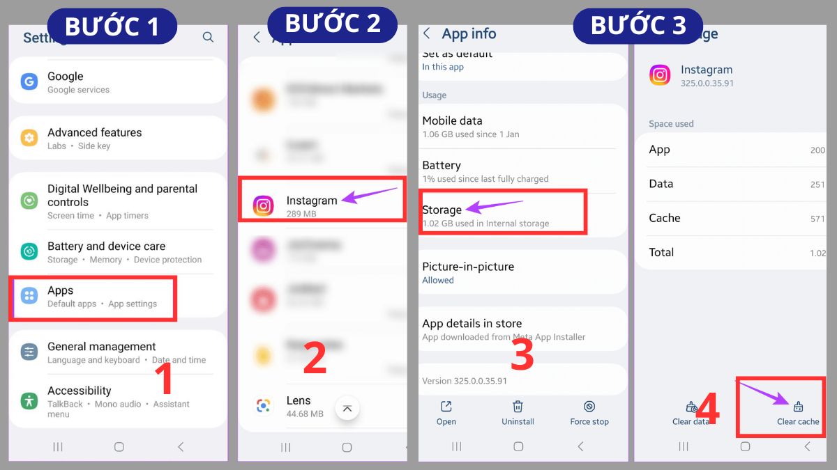Xóa cache Instagram qua phần cài đặt của thiết bị