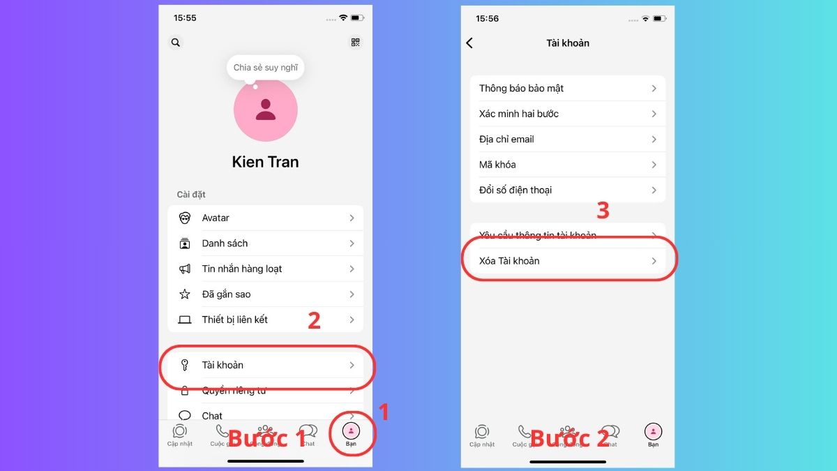 Hướng dẫn cách xóa tài khoản WhatsApp trên điện thoại ios - bước 1,2