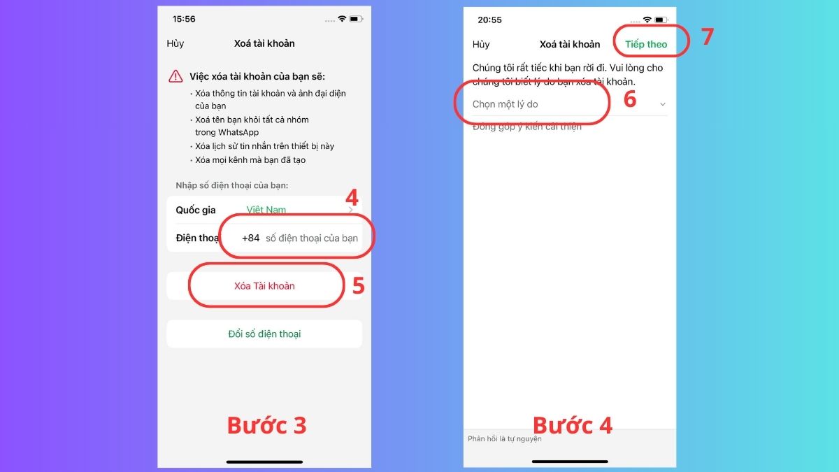 Hướng dẫn cách xóa tài khoản WhatsApp trên điện thoại ios - bước 3,4