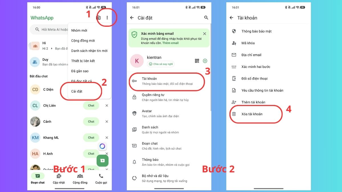 Hướng dẫn cách xóa tài khoản WhatsApp trên điện thoại android - bước 1,2
