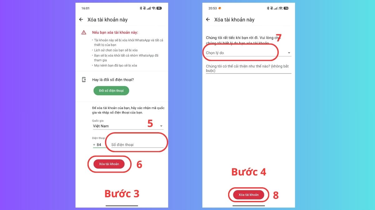 Hướng dẫn cách xóa tài khoản WhatsApp trên điện thoại android - bước 3,4