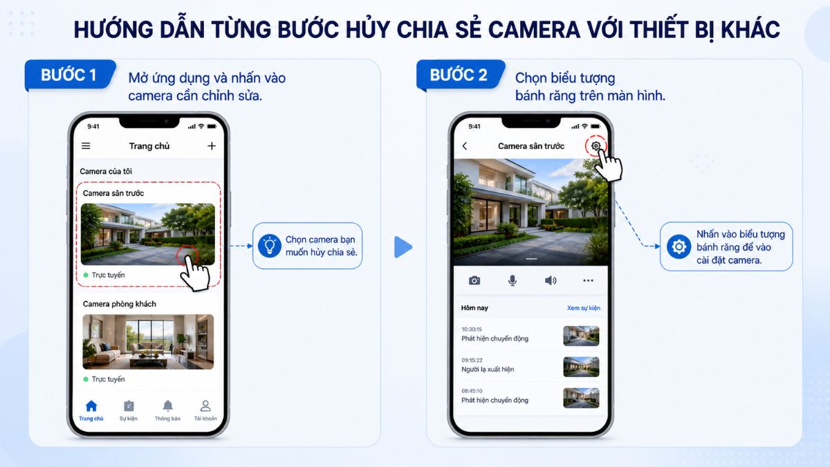 Hướng dẫn từng bước hủy chia sẻ camera với thiết bị khác - bước 1,2