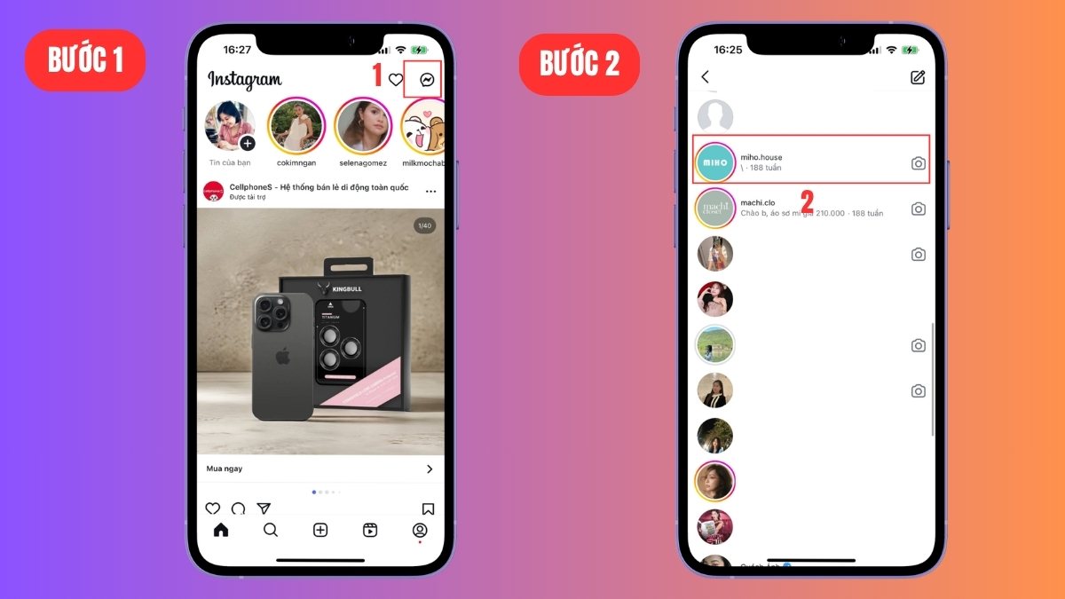 Xóa toàn bộ tin nhắn Instagram trên điện thoại - bước 1,2