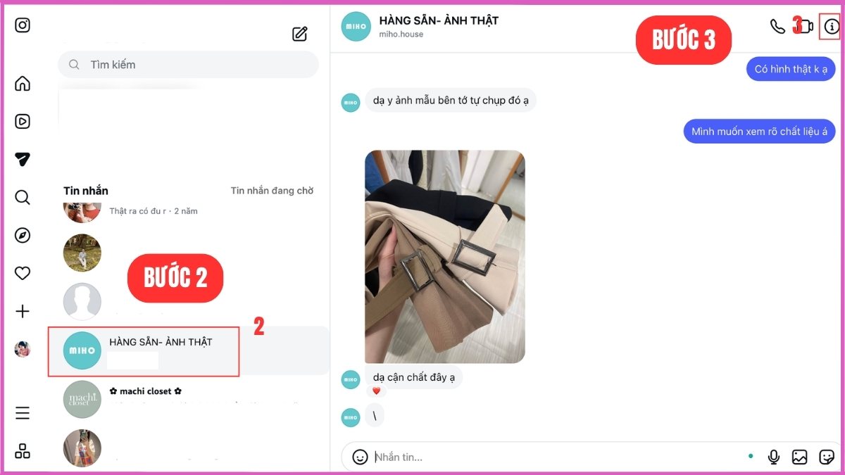 Xóa toàn bộ tin nhắn Instagram trên máy tính - bước 2,3