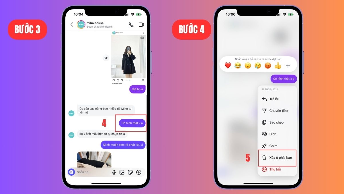 Xóa từng tin nhắn Instagram từ phía bạn trên điện thoại - bước 3,4