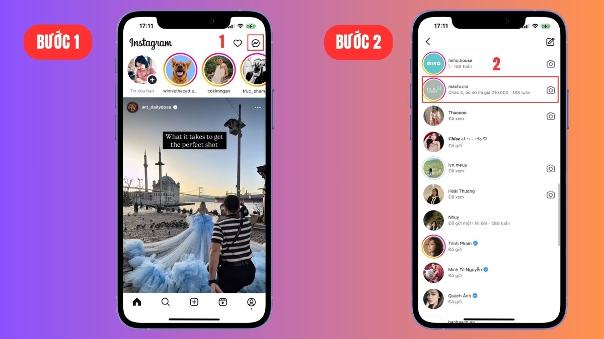 Xóa từng tin nhắn Instagram trên điện thoại qua chức năng thu hồi - bước 1,2