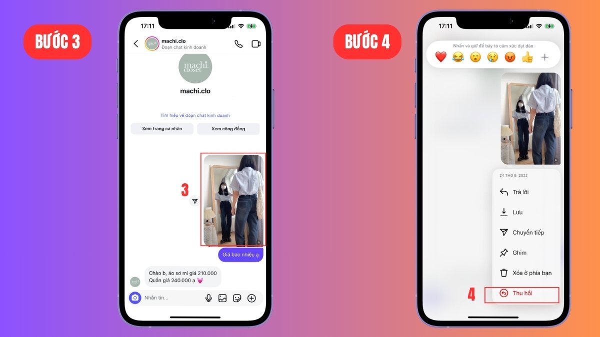 Xóa từng tin nhắn Instagram trên điện thoại qua chức năng thu hồi - bước 3,4