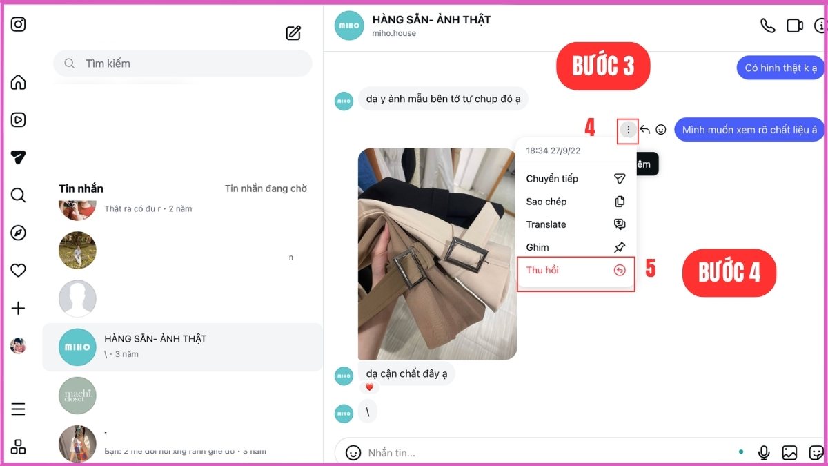 Xóa từng tin nhắn Instagram trên máy tính - bước 3,4