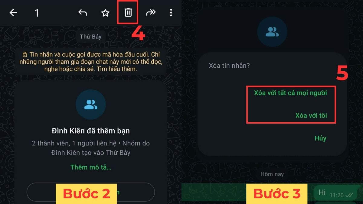 Cách xóa tin nhắn trên WhatsApp trên điện thoại - bước 2,3
