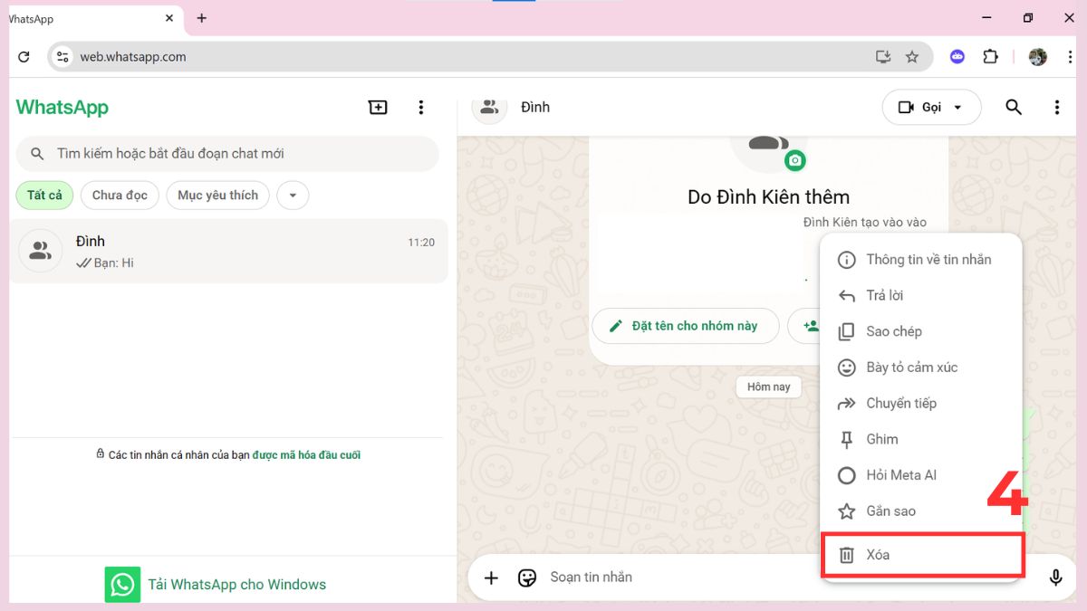 Cách xóa tin nhắn trên WhatsApp trên máy tính - bước 4