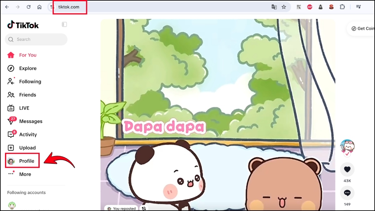 Cách xóa video đăng lại trên TikTok trên máy tính bước 1