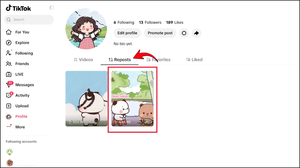 Cách xóa video đăng lại trên TikTok trên máy tính bước 2