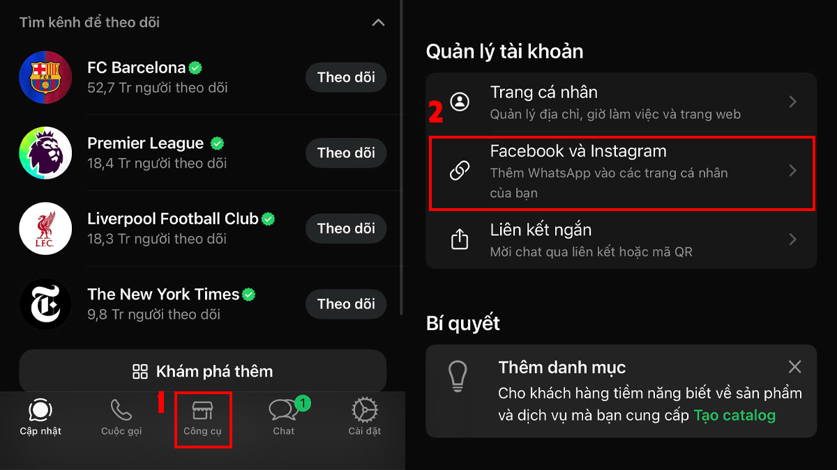 Cách xóa WhatsApp trên Facebook qua WhatsApp - bước 1,2