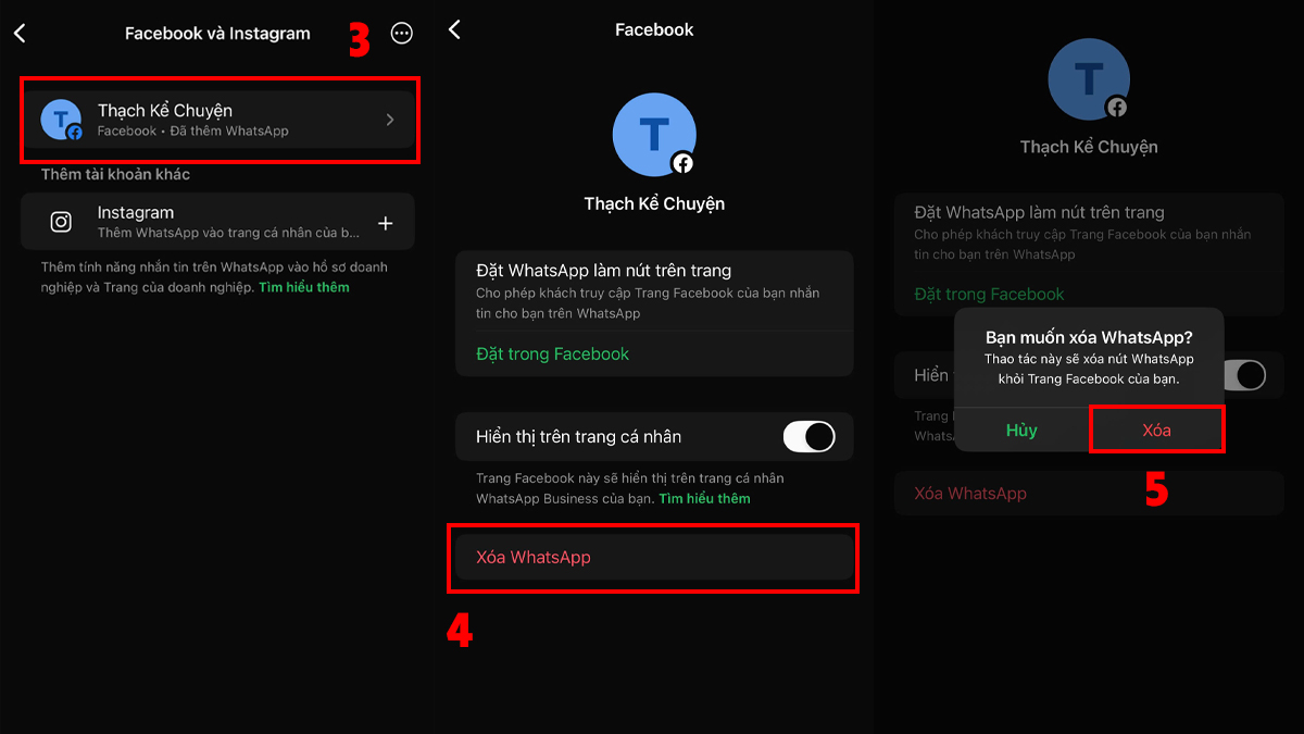 Cách xóa WhatsApp trên Facebook qua WhatsApp - bước 3,4,5