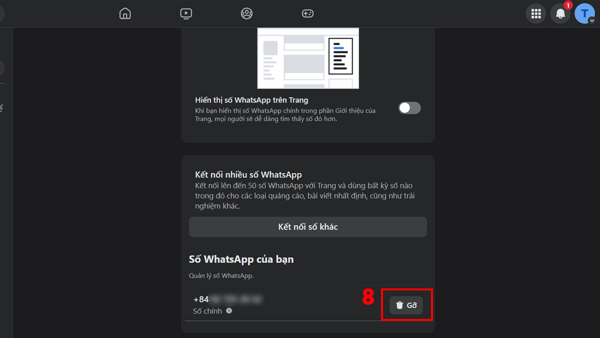 Hướng dẫn cách xóa WhatsApp trên Facebook qua cài đặt trang - bước 4