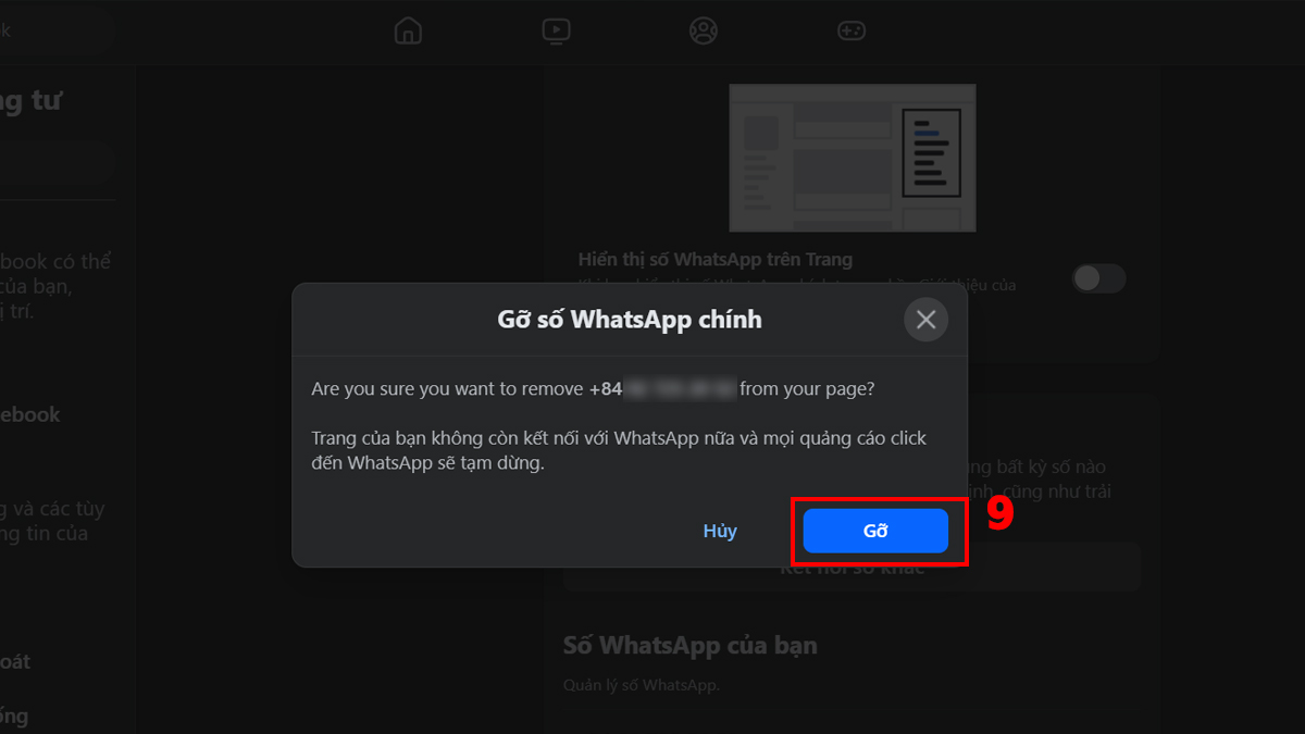 Hướng dẫn cách xóa WhatsApp trên Facebook qua cài đặt trang - bước 4.1