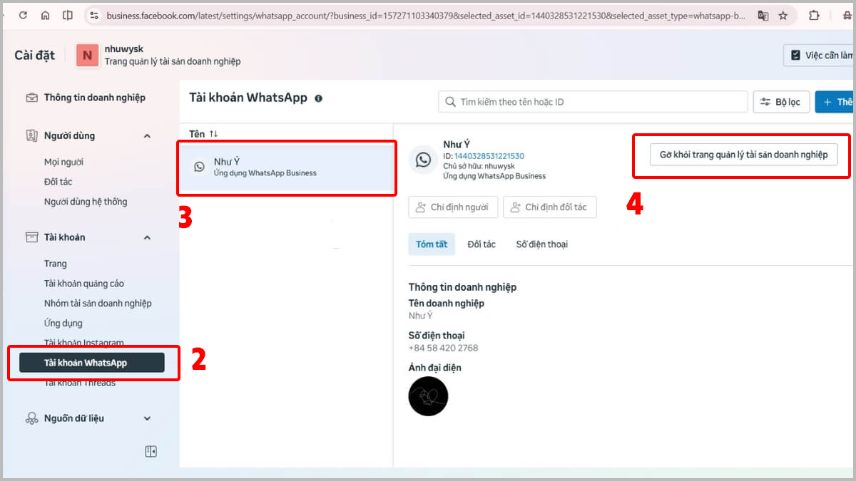 Cách xóa WhatsApp trên Facebook qua Meta Business Suite - bước 2,3,4