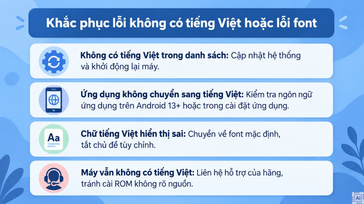 Khắc phục lỗi không có tiếng Việt hoặc lỗi font