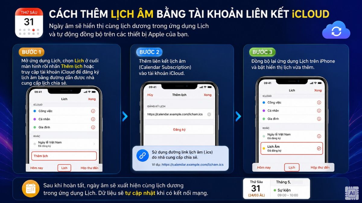 Cách thêm lịch âm bằng tài khoản liên kết iCloud